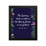 Infidu Fruit of the Spirit wall art featuring colorful fruits and words like Love, Joy, and Peace on a beige background. hung on the wall in a black frame