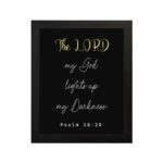 Psalm 18:28 Bible verse wall art with The LORD in yellow on a black background. Christian decor by Infidu. Wall Art hung on the wall in a black frame