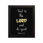 Psalm 37:3 Bible verse wall art with a black background, Lord highlighted in yellow. Christian home decor by Infidu. Wall Art hung on the wall in a black frame