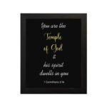 Infidu You Are The Temple Of God & His Spirit Dwells In You 1 Corinthians 3:16 Bible Wall Art with Purple Blue Background, Black Leaf Design, and White Font - Perfect Christian Home Decor and black frame hung on the wall