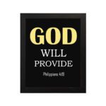 Christian wall art with Philippians 4:19 verse on black background, yellow and white font black frame hung on the wall