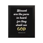 Bible verse wall art with black background, yellow and white font, featuring Matthew 5:8 verse black frame hung on the wall