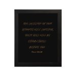 Bible verse wall art with Psalm 102:28 in gold text on a black background. Elegant cursive font centered for a classy look. hung on the wall in a black frame