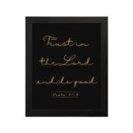 Trust In The Lord And Do Good Psalm 37:3 golden text on black background Christian wall art hung on the wall in a black frame