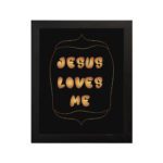 I Am a Child of God Bible wall art with bold gold text and a decorative gold border on a black background. Wall Art hung on the wall in a black frame