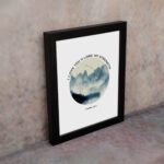 I Love You O Lord My Strength Psalm 18:1 Bible Wall Art with watercolor mountains, perfect for Christian home decor. Wall Art displayed on the wall in a black frame