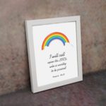 I Will Call Upon The Lord Psalm 18:3 Bible Wall Art with a colorful rainbow at the top and black text on a white background. Wall Art displayed on the wall in a white frame