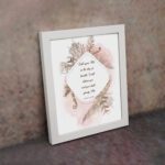 Psalm 50:15 Bible Wall Art with elegant black text, botanical patterns, and pink watercolor accents on a pale white background. Wall Art displayed on the wall in a white frame