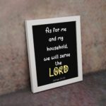 Joshua 24:15 Bible verse wall art with LORD in yellow on a black background. Inspiring Christian home decor by Infidu. Wall Art on the wall in a white frame