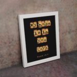 My Hope Is In You Lord' Psalm 39:7 Bible verse wall art with tan text squares on a black background. Wall Art displayed on the wall in a white frame