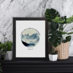 I Love You O Lord My Strength Psalm 18:1 Bible Wall Art with watercolor mountains, perfect for Christian home decor. Wall Art displayed on the table in a black frame