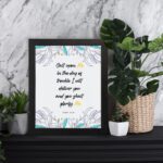 Call Upon Me Psalm 50:15 Bible Verse Wall Art with floral patterns Wall Art displayed on the table in a black frame