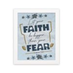 Infidu Let Your Faith Be Bigger Than Your Fear Hebrews 13:6 Christian Wall Art with blue and yellow floral design Wall Art hung on the wall in a white frame