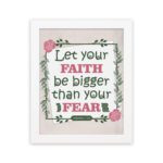 Infidu Let Your Faith Be Bigger Than Your Fear Hebrews 13:6 Christian wall art with floral border on light beige background. Wall Art hung on the wall in a white frame