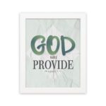 God Will Provide Philippians 4:19 Christian wall art with bold teal 'God' and black 'Will Provide' on a white textured background. Wall Art hung on the wall in white frame