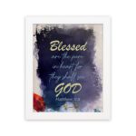 Infidu Matthew 5:8 Christian wall art with yellow text on a dark blue textured background, featuring bright yellow 'GOD' and a hint of red floral design. Wall Art hung on the wall in white frame