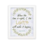 Infidu Isaiah 60:22 Christian wall art with green and gold text, gold LORD, and a wreath of green leaves on a white background. Wall Art hung on the wall in a white frame