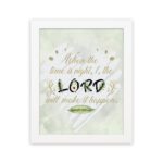 Infidu Isaiah 60:22 Christian wall art with gold text on mint green background, featuring LORD in larger black and beige letters. Wall Art hung on the wall in a white frame