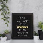 Proverbs 31:10 wall art with precious gold on a black background, featuring minimalist design and modern font. kept on the wall in a black frame