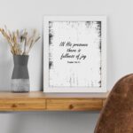 In His Presence There Is Fullness of Joy - Psalm 16:11 Bible Verse Wall Art with Bold Black Text and Distressed Edges on White Background Wall Art displayed on the table in a white frame