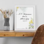 In His Presence There Is Fullness of Joy - Psalm 16:11 Bible Verse Wall Art with Pastel Floral Design on White Background Wall Art displayed on the table in a white frame