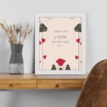 I Love You O Lord My Strength Psalm 18:1 Bible Wall Art with red flowers and dark leaves on a beige background. Wall Art displayed on the table in a white frame