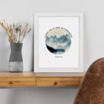 I Love You O Lord My Strength Psalm 18:1 Bible Wall Art with watercolor mountains, perfect for Christian home decor. Wall Art displayed on the table in a white frame