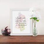 Psalm 18:3 Bible Wall Art with a soft pastel background and light green and beige leaves, featuring dark, elegant text. Wall Art displayed on the table in a white frame