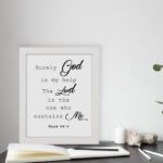 Bible verse wall art with Psalm 54:4, featuring black text on a white background. God and the Lord are highlighted in cursive font. displayed on the table in a white frame