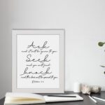 Matthew 7:7 Bible wall art in elegant cursive, highlighting Ask, Seek, and Knock on a white background. displayed on the table in a white frame