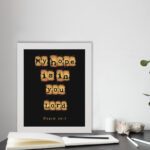 My Hope Is In You Lord' Psalm 39:7 Bible verse wall art with tan text squares on a black background. Wall Art displayed on the table in a white frame