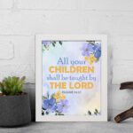 Isaiah 54:13 Christian wall art with vibrant blue and purple floral accents on a soft cream and beige gradient background. Wall Art displayed on the wall in a white frame