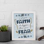 Infidu Let Your Faith Be Bigger Than Your Fear Hebrews 13:6 Christian Wall Art with blue and yellow floral design Wall Art displayed on the wall in a white frame