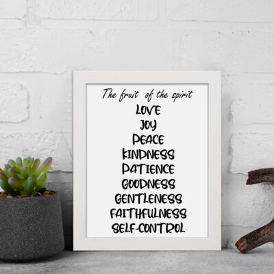 Infidu wall art displays The Fruit of the Spirit with values like Love, Joy, Peace, and more on a black background. Wall Art displayed on the wall in a white frame