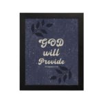 Christian wall art with Philippians 4:19 verse on a purple-blue background with leaf design and black frame hung on the wall