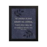 Christian wall art with purple-blue background, black leaf design, white font, featuring Psalm 102:28 Bible verse, and black frame hung on the wall