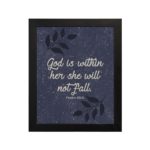 Christian wall art with purple-blue background, black leaf design, and white text God Is Within Her She Will Not Fall Psalm 46:5 Bible Verse Wall Art Black frame hung on the wall