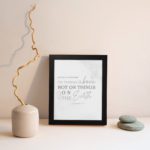 Gray background with leaf design, black and gray text 'Set Your Affection On Things Above Colossians 3:2 Bible Verse Wall Art and black frame displayed on the wall.