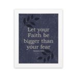 Christian wall art with Hebrews 13:6 verse on purple-blue background with leaf design white frame hung on the wall