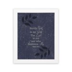 Christian wall art with Psalm 54:4 text on Purple Blue Color background, black leaf design, white font white frame hung on the wall