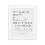 Christian wall art featuring Zechariah 4:6 Bible verse on a gray background with gray leaf design and black and gray font and white frame hung on the wall.