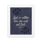 Christian wall art with purple-blue background, black leaf design, and white text God Is Within Her She Will Not Fall Psalm 46:5 Bible Verse Wall Art white frame hung on the wall