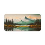 Desk pad featuring a serene landscape of mountains, pine trees, and a calm lake with a soft blue and green color palette. Desk Pad kept on a plain white background