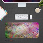 Infidu Artistic Desk Pad with an abstract marbled design in pastel colors pink, blue, green, and yellow with paint-like strokes and splatters. Design Kept on a computer table