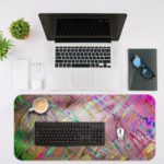 Infidu Artistic Desk Pad with an abstract marbled design in pastel colors pink, blue, green, and yellow with paint-like strokes and splatters. Desk Mat with an Apple Laptop