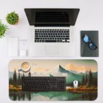 Desk pad featuring a serene landscape of mountains, pine trees, and a calm lake with a soft blue and green color palette. Desk Mat with an Apple Laptop