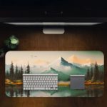 Desk pad featuring a serene landscape of mountains, pine trees, and a calm lake with a soft blue and green color palette. Desk Pad in computer table