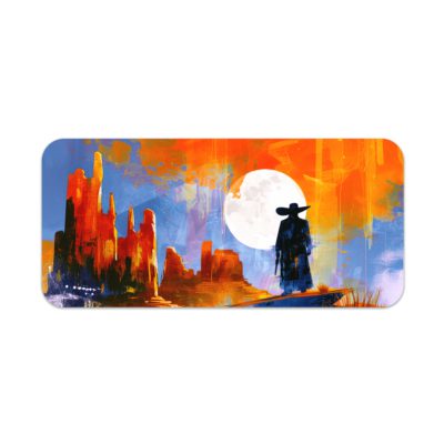 Infidu Artistic Desk Pad with a silhouette of a man standing in front of rock formations, set against a vibrant sunset sky. Desk Pad kept on a plain white background