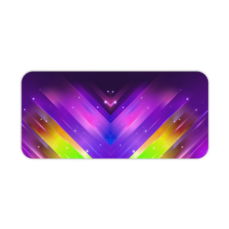 Desk mat with vibrant, colorful geometric patterns in purple, blue, pink, and yellow, resembling cosmic lighting effects. Desk Pad kept on a plain white background