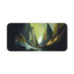 Desk mat with an abstract mountainous landscape painting in dark blue, light blue, and golden yellow, featuring a river or canyon. Desk Pad kept on a plain white background